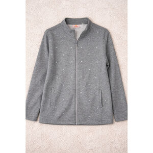 Quacker Factory Gray Rhinestone Zip Jacket Women’s Large Sparkle Sweatshirt